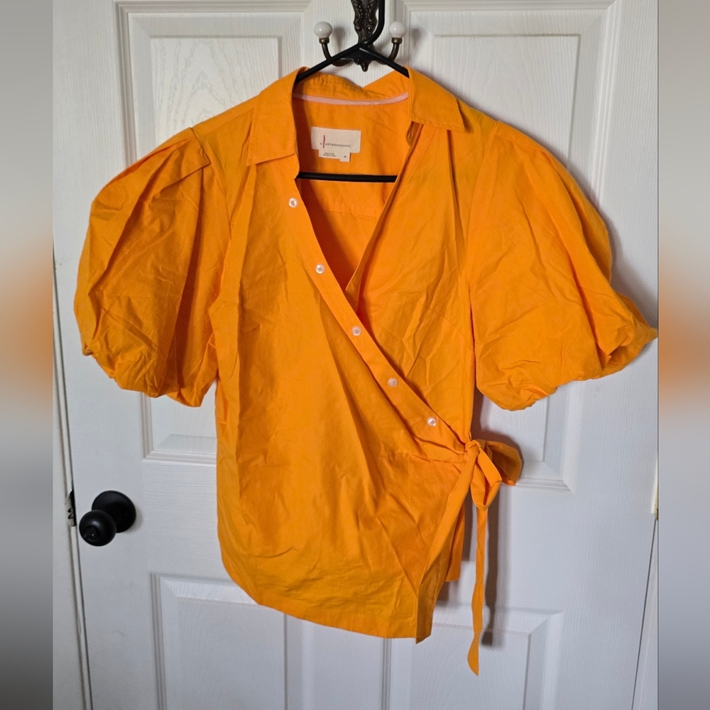 Anthropologie Orange Wrap Blouse with Puff Sleeves